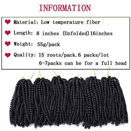 Spring Twist Hair - 8 Inch 6 Packs Spring Twists Crochet Hair for Women Black Synthetic Braiding Hair Low Temperature Fluffy Twist Hair Extensions, 1B