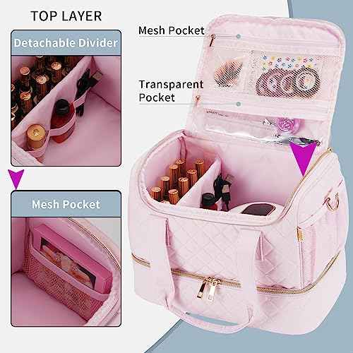 Nail Polish Organizer Case,Nail Storage Organizer Holds Nail Lamp & 50 Bottles Nail Polish,Travel Nail Tech Case,Nail Kit Organizer Bag Fits Nail Supplies & Manicure Tools,Pink (Patented)