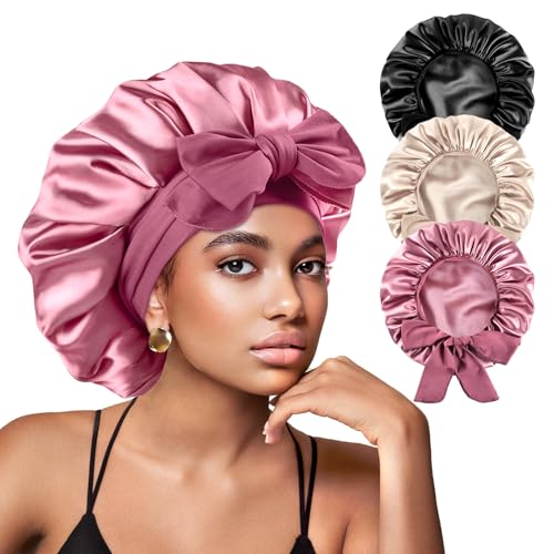 Yanideer 3 pcs Satin Bonnet Silk Bonnet for Sleeping Double Layer Satin Lined Hair Bonnet with Tie Band for Women Curly Hair