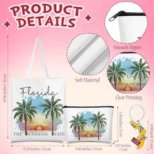 Chuangdi 4 Pcs Florida Travel Gifts Set Canvas Bag Cosmetic bag 16 oz Tumbler and Keychain Florida City Souvenirs Gifts for Traveler Friend Lover Sister