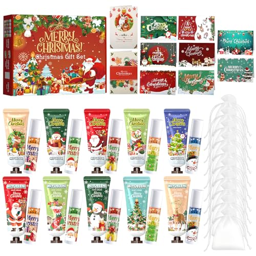 JAOJAO Christmas Lip Balm Bulk, Christmas Hand Cream with Organza Bag and Thank You Card Gentle Nourishing for Xmas for Girlfriend Wife Mother Colleague Teacher, Set of 40