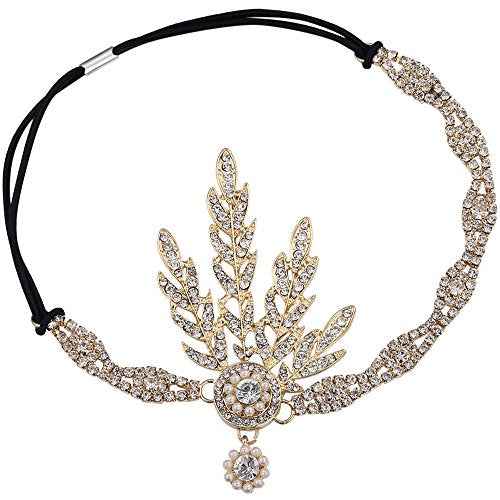 BABEYOND Art Deco 1920's Flapper Great Gatsby Inspired Leaf Medallion Pearl Headpiece Headband Gold