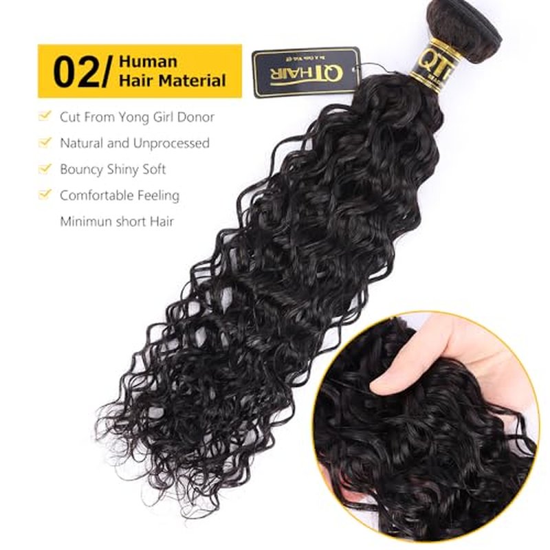 QTHAIR Water Wave Human Hair Bundles (Natural Black,20") Burmese Curly Bundles 16A 100% Unprocessed Brazilian Virgin Human Hair Weave Wet and Wavy Bundles