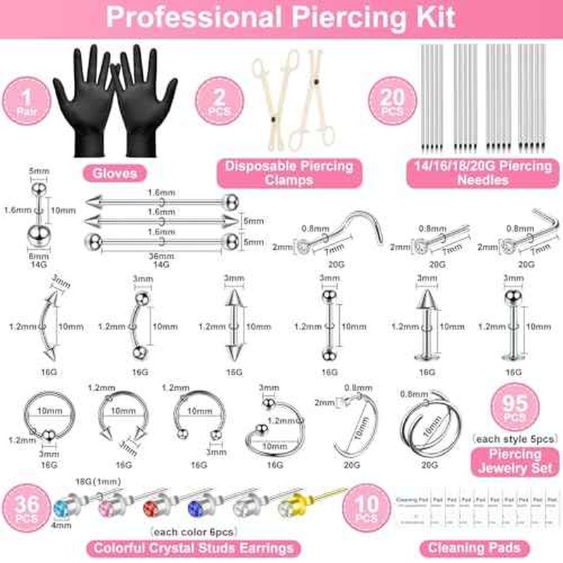 164PCS Body Septum Piercing Kit with 14G/16G/18G/20G Piercing Needles Piercing Jewelry and Tools for Ear Nose Belly Button Nipple Lip Cartilage Eyebrow Tongue Navel Piercing Kit for All Piercings
