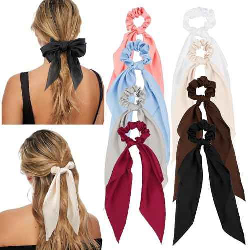 8 PCS Bow Hair Scrunchies Detachable Silky Satin Hair Ties for Women Girls Silk Hair Scrunchies with Long Ribbon Bows Ponytail Holder Elastic Hair Ties Knotted Bow Silk Hair Accessories