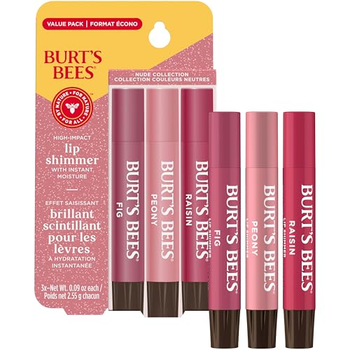 Burt's Bees Christmas Gifts, Lip Shimmer Nude Collection, Tinted Lip Balm Stick, Moisturizing for Hydration with Natural Glowy Pigmented Finish & Buildable Color, Value Pack, 3 Tubes x 0.09 Oz
