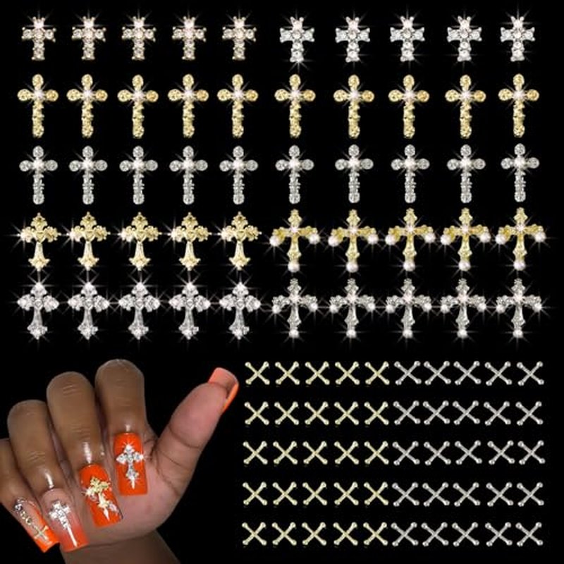 100 Pcs Cross Nail Charms Gold and Silver, 50 Each, Y2K 3D Silver Gold Charms Accessories for Nail Decorations