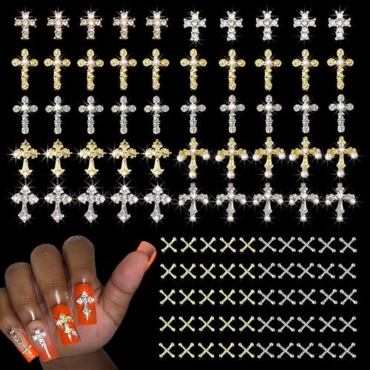 100 Pcs Cross Nail Charms Gold and Silver, 50 Each, Y2K 3D Silver Gold Charms Accessories for Nail Decorations