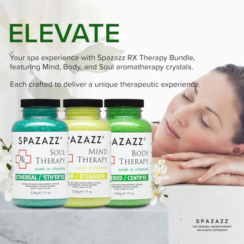 RX Therapy Spa and Hot Tub Aromatherapy Scented Relaxation Bath Salt Crystals - Mind Body and Soul Bundle Gift Set (19 Oz) Includes 5 Point Full Body Massage Tool & Hot Cold Towel (19OZ 3 Pack)