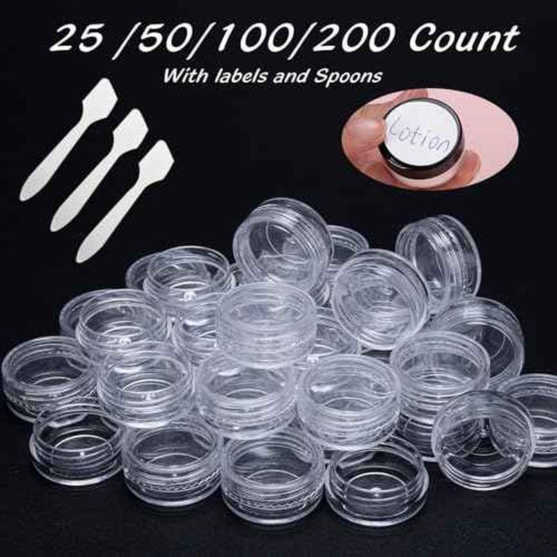 100 Count 3 Gram Sample Containers, Clear Lip Balm Containers with Lids, Small Plastic Sample Jars with 8 Mini Spoons, 100pcs Labels (Clear Lid)