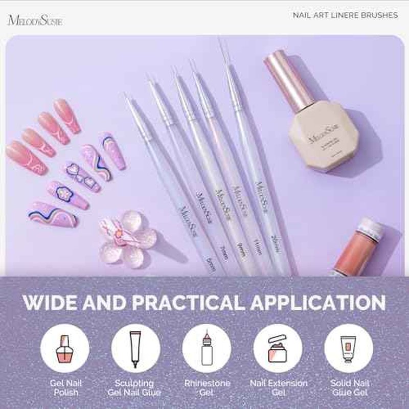 MelodySusie 5Pcs Nail Art Liner Brushes Professional Gel Polish Painting Art Design Pen Set for Thin Long Lines, Tiny Details, Fine Drawing, Delicate Coloring Sizes 5/7/9/11/20mm