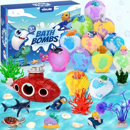 Ocean Bath Bombs for Kids with Toys Inside, 12 Pack Kids Shell Bath Bombs with Surprise Sea Animal Toys for Boys Girls Handmade Bubble Bath Fizzies Birthday Christmas Gift Set