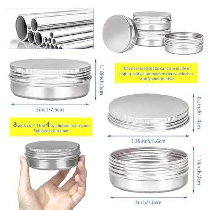 MotBach 8 Pack 4oz Tin Jars, 120ml Metal Tin cans, 4ounce Aluminum tin can jar Containers with Screw Lid for Lotion Bars, Salve, Balms, Beard Balm, Spices, Sample, Toiletries, Creams, Makeup Cosmetic