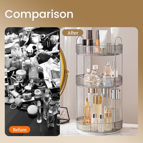 Aveniee Rotating Makeup Organizer for Vanity, 3 Tier Perfume Skincare Organizers and Storage for Bathroom Countertop, Clear Spinning Counter Cosmetic Holder for Dresser,Grey