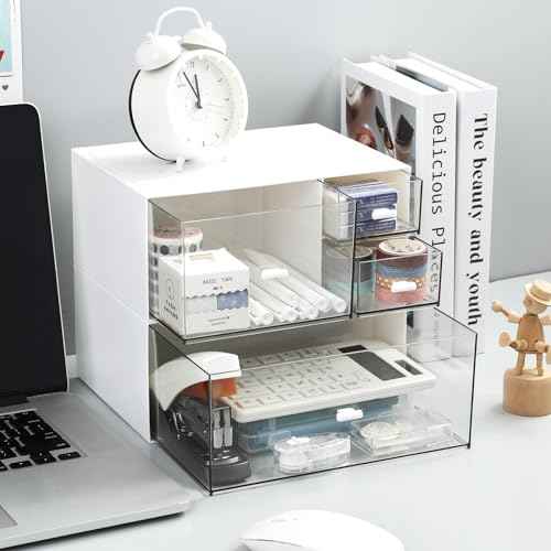 Desk Organizer with 4 Drawers, Makeup Organizer, Desktop Storage Box, Cosmetics Storage Box for nail polish, Lipstick, Brushes, Jewelry, Skincare, Bathroom Organization Boxes(White)