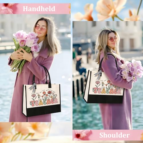 Teacher Appreciation Gifts, Canvas Tote Bag and Makeup Bag Set for Women