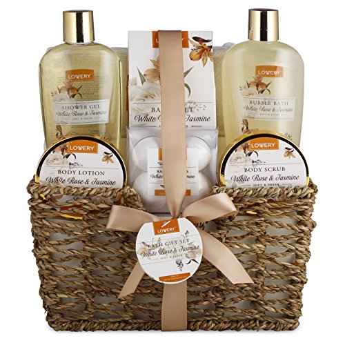 Home Spa Gift Basket - White Rose & Jasmine - Luxurious 11pc Bath & Body Set For Men & Women, Contains Shower Gel, Bubble Bath, Body Lotion, Scrub, Bath Salt, 4 Bath Bombs, Loofah & Basket