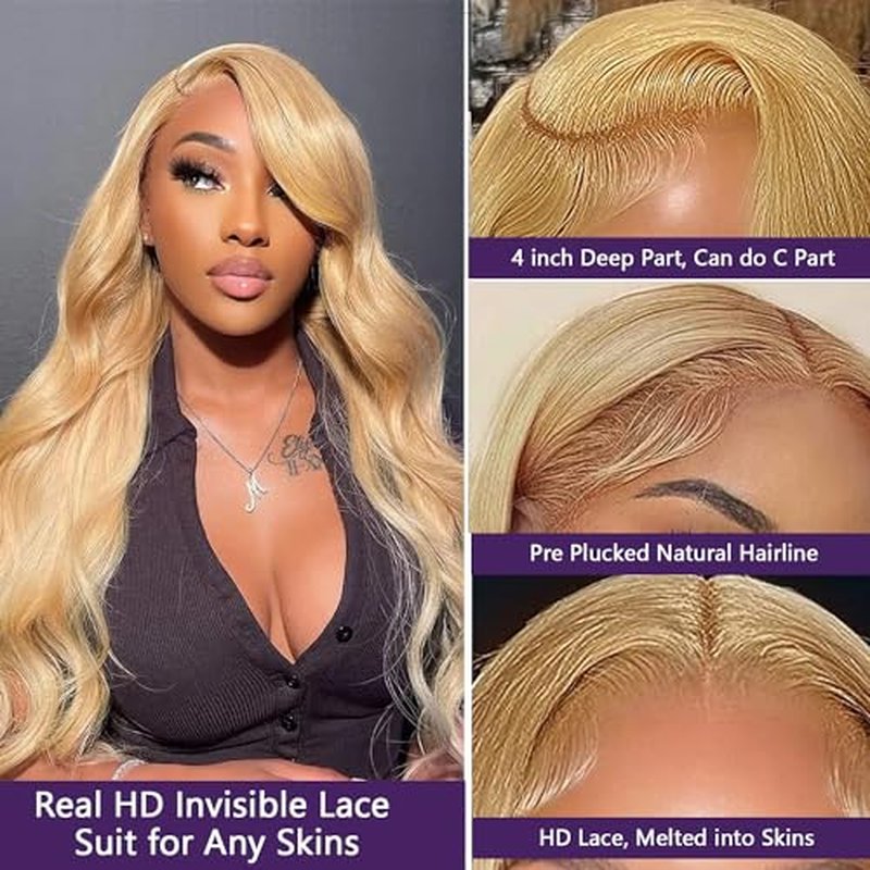 Ubetta Honey Blonde Wig Human Hair, Body Wave Honey Blonde Lace Front Wig Human Hair, 22 Inch Glueless 13x4 HD Lace Frontal Wigs Human Hair Pre Plucked 180% Density Lace Frontal Wigs for Black Women