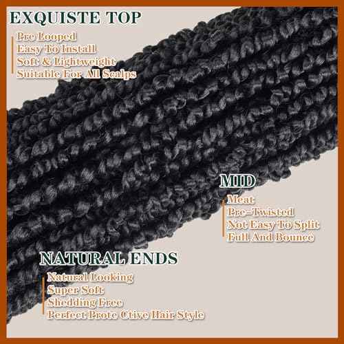 Passion Twist Crochet Hair 18inch 6packs Pre-Twisted Synthetic Long Curly 12 Roots Braiding Hair Extensions For Women (18 inch, 1B)