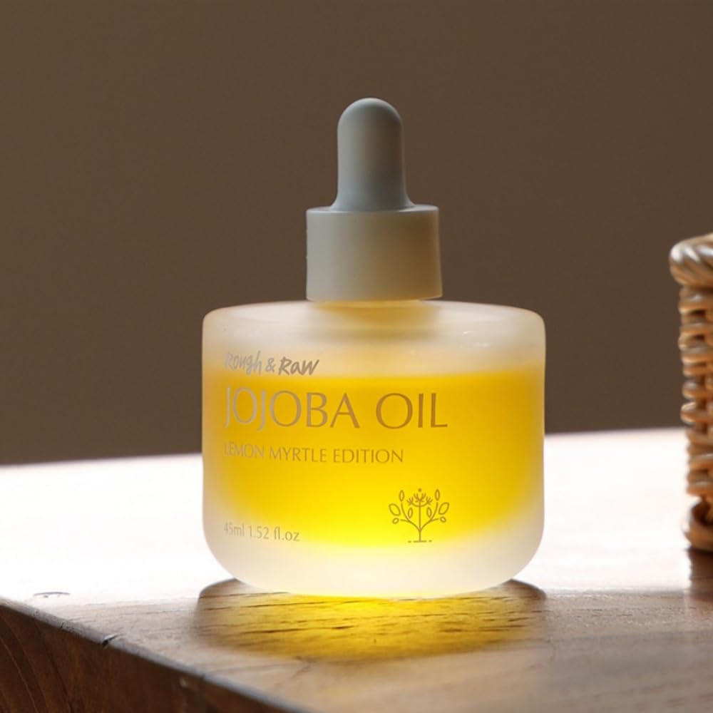 ROUGH & RAW USDA Organic Jojoba Oil with Lemon Myrtle -100% Pure Cold Pressed Unrefined Golden Jojoba for Face, Body, Hair & Nails - Fresh Citrus Scent, Vegan, Cruelty-Free (1.52 fl.oz)