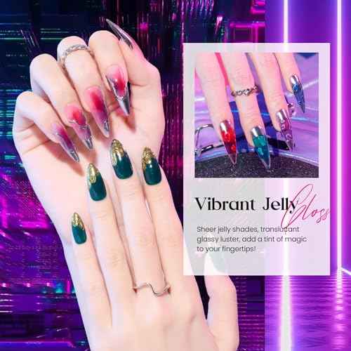 Beetles Jelly Gel Nail Polish Set - Jelly Magic Gel Polish, 6 Colors Pink Red Black Blue Green Purple Halloween Fall Gel Polish Kit Sheer Translucent Effect Soak Off UV Manicure DIY Gift for Women