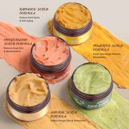 Face Scrub Gift Set Exfoliating Face Wash Microdermabrasion Facial Scrub Exfoliator Turmeric Vitamin C, Brown Sugar Honey, Green Tea Salicylic Acid, Himalayan Salt Rose Christmas Birthday Gifts 4x100g
