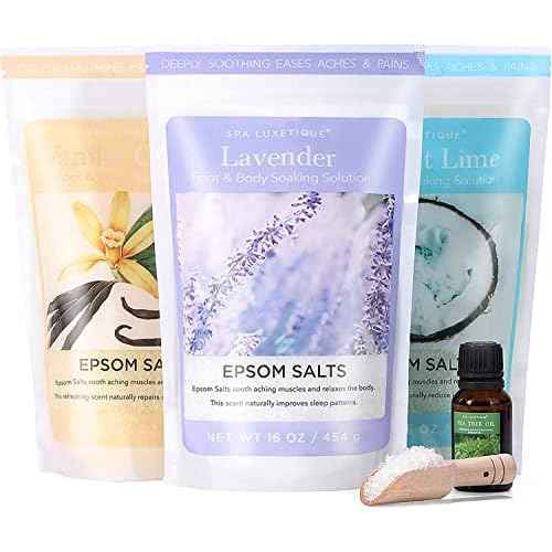 Spa Luxetique Epsom Salts for Soaking, Bath Salts for Women Gifts Set with Lavender, Vanilla and Coconut Scent Bath Set with Tea Tree Oil for Mom Christmas Gifts