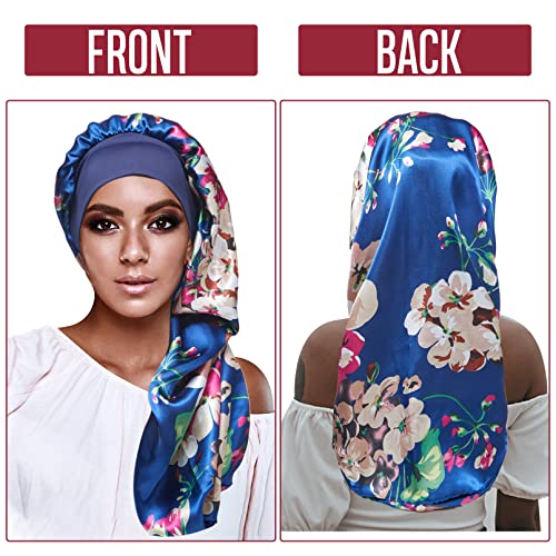 4PCS Long Satin Bonnet Sleep Cap,Black Extra Large Silk Bonnet for Natural Hair, Bonnets for Women Night Sleep,Wide Elastic Band, Very Soft & Comfortable (Black,3 Floral Patterns)