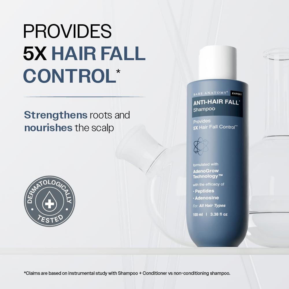 Bare Anatomy Anti-Hair Fall Shampoo | Provides 5x Hair Fall Control | pH 4.6 | Adenosine & Peptides | Strengthens Weak Roots & Reduces Breakage | Sulphate & Paraben Free | Unisex | 100ml