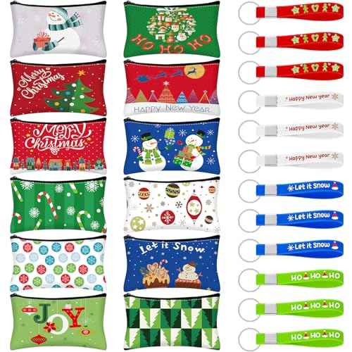Paterr 24 Pcs 12 Sets Christmas Makeup Bags and 12 Pcs Christmas Keychains Set Snowman Canvas Gift Wallet for Women Holiday Portable Pouch Xmas Keychain for Party Xmas Gift