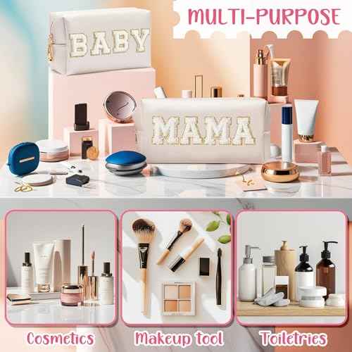 CY2SIDE MAMA Baby Letter Makeup Bag - 2PCS White MAMA and BABY Chenille Letter Patch Cosmetic Bag Pink PU Leather Patch Pouch Waterproof Portable Zipper Travel Organizer Case Xmas Gifts for Mom Women