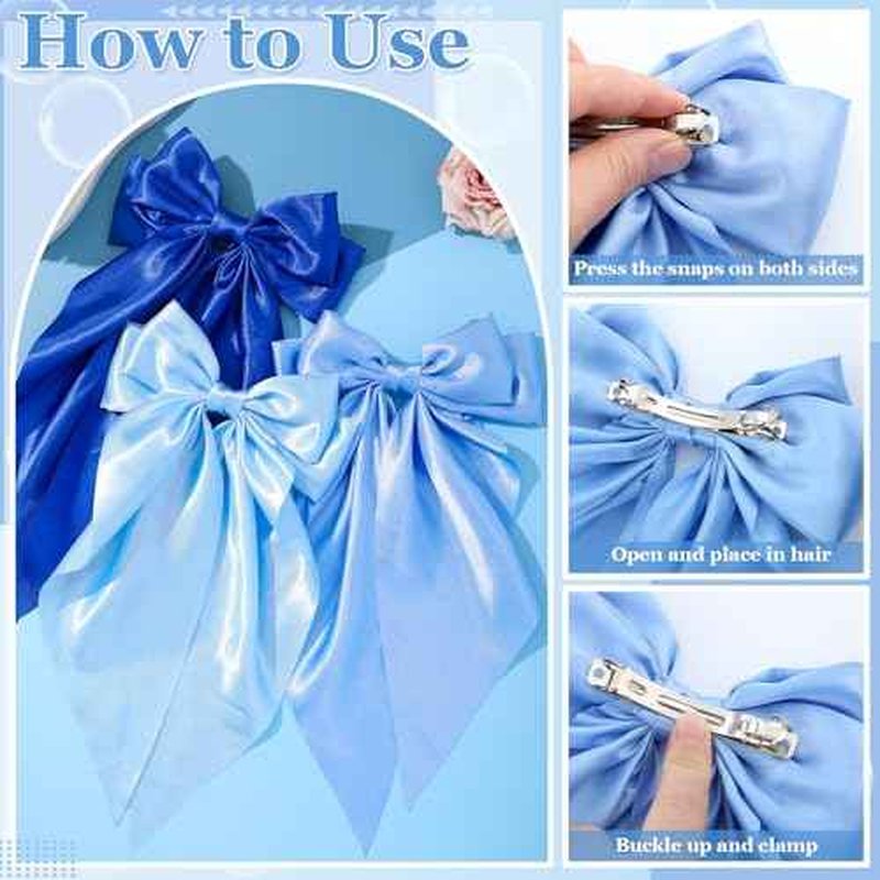 5 Pcs Blue Hair Bows for Women, Silky Satin Large Hair Clips for Girls, Long Tail Hair Ribbon Accessories