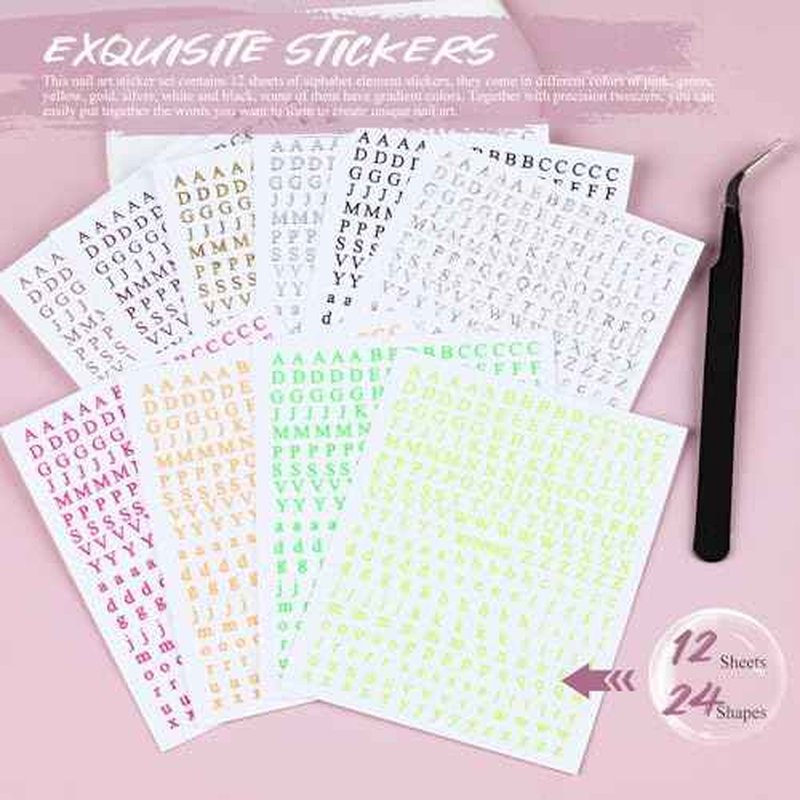 12 Sheets Alphabet Nail Art Stickers 3D Black White Gold Nail Letter Stickers Large Small Self-Adhesive English Nail Decals Manicure Accessories for Women Girls DIY Nail Art Design
