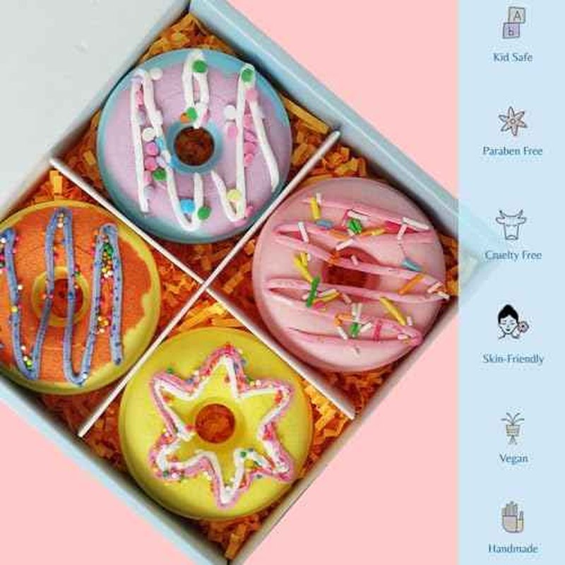 KAV Donut Bath Bombs Gift Set ? 4 Piece Handmade Organic Bath Bomb Kit with Essential Oils ? Relaxation Spa Gift for Women, Men, Teens, Kids ? Self Care & Aromatherapy Soak