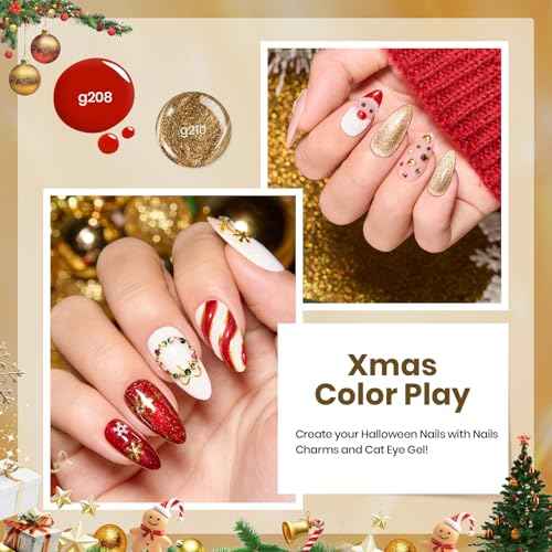 Beetles Merry Glow Christmas Gel Polish Set - 8 Holiday Colors Gel Nail Gift Box with Base&Top Coat, White Red Gold Silver Cat Eye Nude Nail Kit, Uv Led DIY Salon Manicure Kit Beauty Gifts for Women