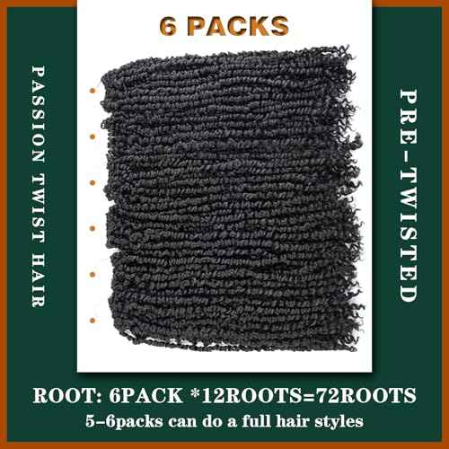 Passion Twist Crochet Hair 18inch 6packs Pre-Twisted Synthetic Long Curly 12 Roots Braiding Hair Extensions For Women (18 inch, 1B)