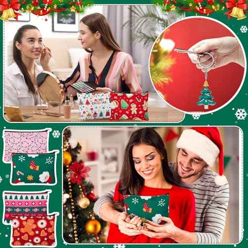 Kacctyen 24 Pcs Christmas Cosmetic Bags and Keychains for Women Makeup Bags with Zipper Santa Snowman Bells Candy Cane Keychain Toiletry Organizer for Christmas Party Favor Xmas Gifts