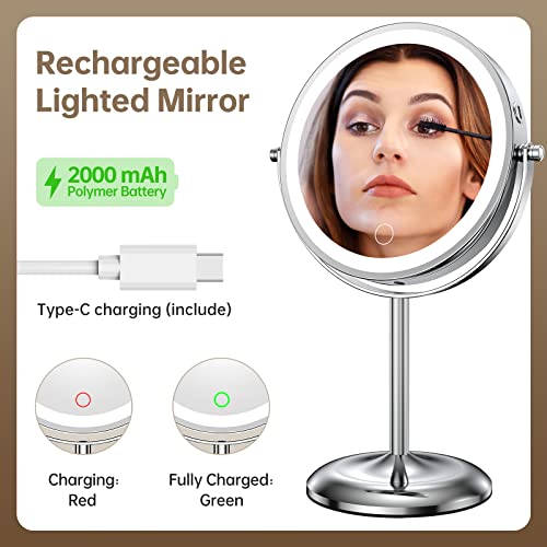 Gospire 7" Lighted Makeup Mirror with Magnification 10X/1X, Rechargeable Cordless Stepless Dimming LED Lights, 360¡Æ Swivel Magnifying Cosmetic Vanity Standing Mirror for Dresser, Bathroom