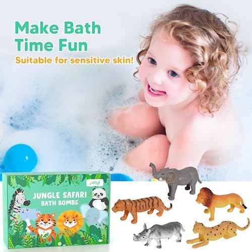 Bath Bombs for Kids with Surprise Inside, 12 Pack Kids Bath Bombs with Jungle Animal Toys for Boys Girls, Safe Handmade Fizzy Balls Dino Egg Bubble Safari Bath Bomb Gift Set for Easter Birthday