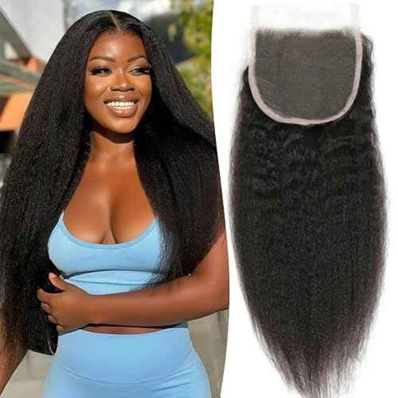 QTHAIR 16A Virgin Kinky Straight Lace Closure (18inch) 4x4 Free Part 150% Density Top Swiss Lace Natural Kinky Straight Human Hair Closure with Baby Hair