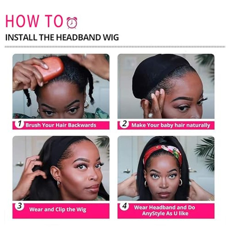 Headband Wig Human Hair Straight 18 inch None Lace Front Human Hair Wigs Machine Made Glueless Straight Headband Half Wigs for Black Women Natural Color