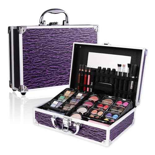 Makeup Kit for Teen Girls & Women Full Kit, Beauty Train Case with Starter Cosmetic Set, Make Up Christmas Gift Box with Eyeshadow,Lipgloss,Highlighter,Blush,Lip&Eye Pencils,Brush & More(Purple)