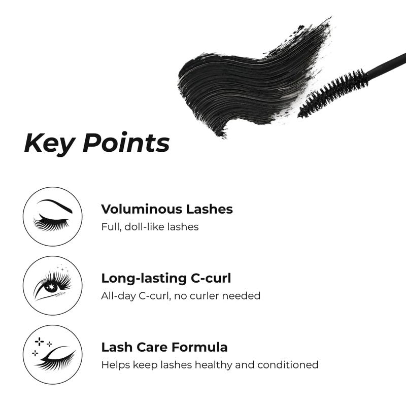 BOM COSMETICS Wonderproof Mascara Volume & Curl #01 Deep Black 0.28 oz salon-like curling power for lifted voluminous lashes, eyelash extension care, long lasting smudge and waterproof formula