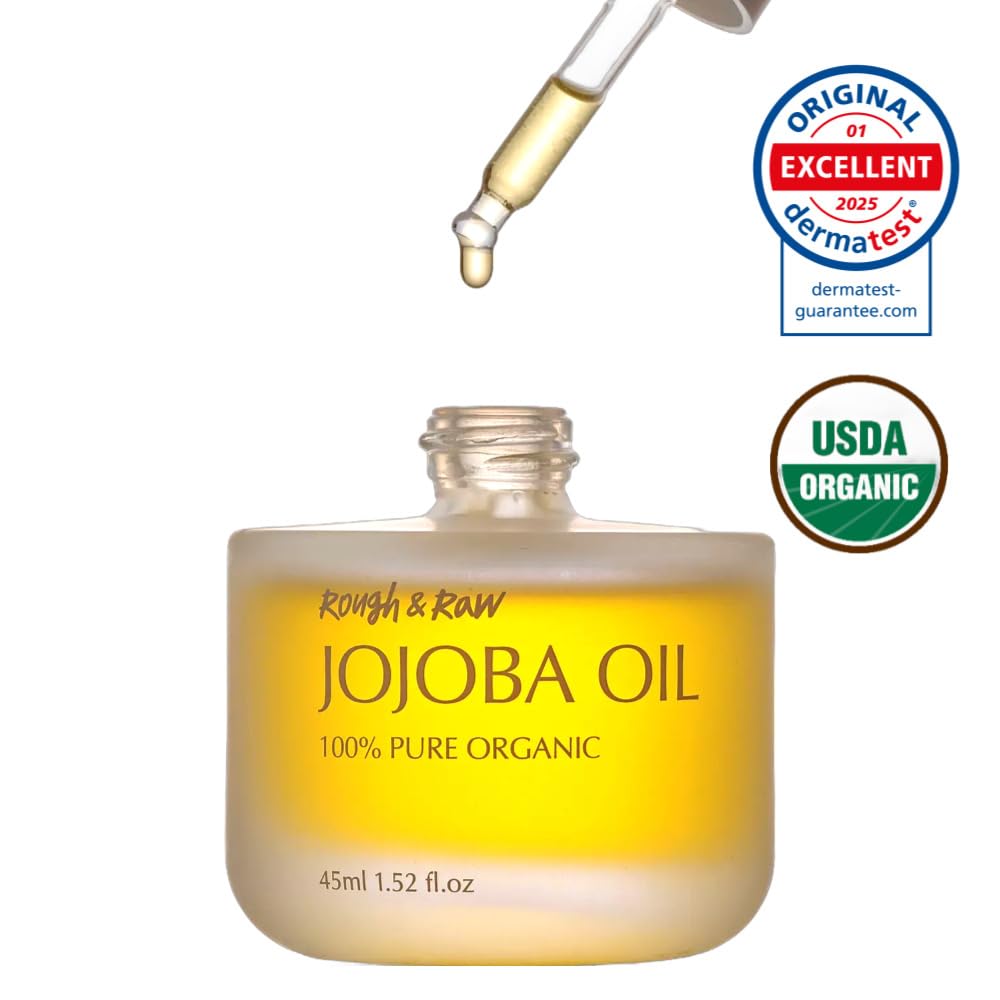 Rough & Raw USDA 100% Pure Organic Golden Jojoba Oil – Cold Pressed, Unrefined – Natural Moisturizer for Hair, Skin, Face & Nails – Carrier Oil for Essential Oils from Israel, made in Korea 1.52 fl.oz