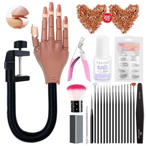 Saviland Practice Hand for Acrylic Nails, Flexible Moveable Fake Hands, Manicure Trainng Hand Nail Kit for Beginners, Movable Nail Maniquin Hand with 200PCS Nail Tips, Nail Glues, Brush and Clipper