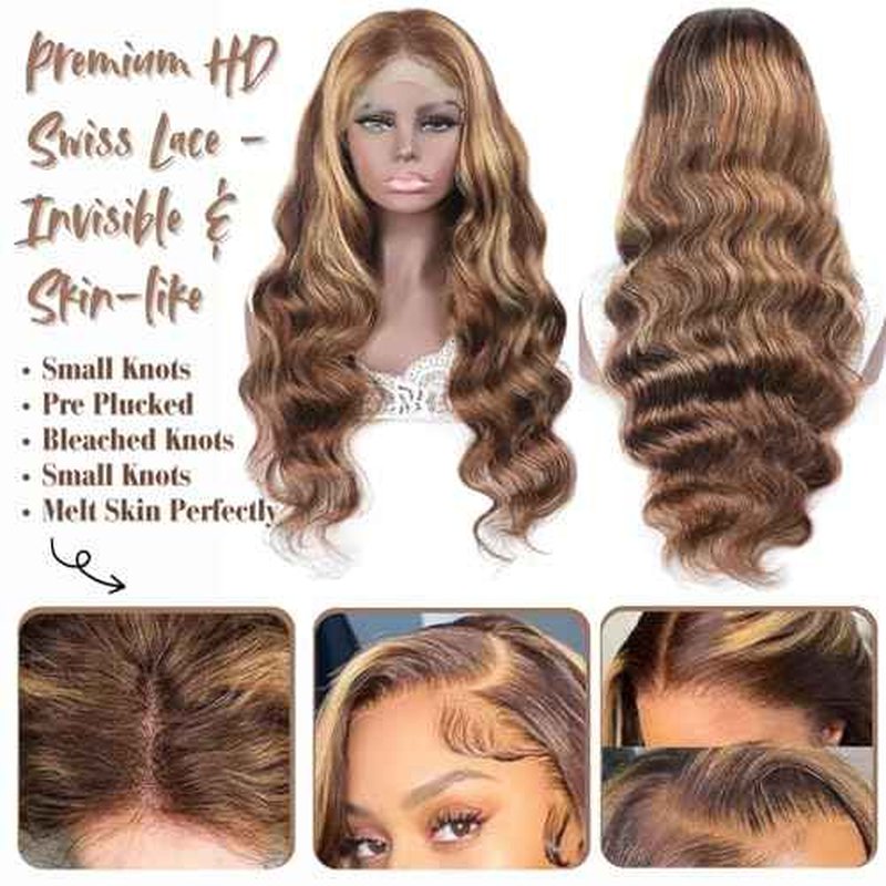 4/27 Honey Blonde Wig Human Hair 13x6 Ombre Lace Front Wigs Human Hair 22 Inch Long, Body Wave Balayage HD Lace Frontal Wig 13x6 Skunk Stripe Human Hair Wigs, 12A 100% Real Brazilian Wigs 180 Density