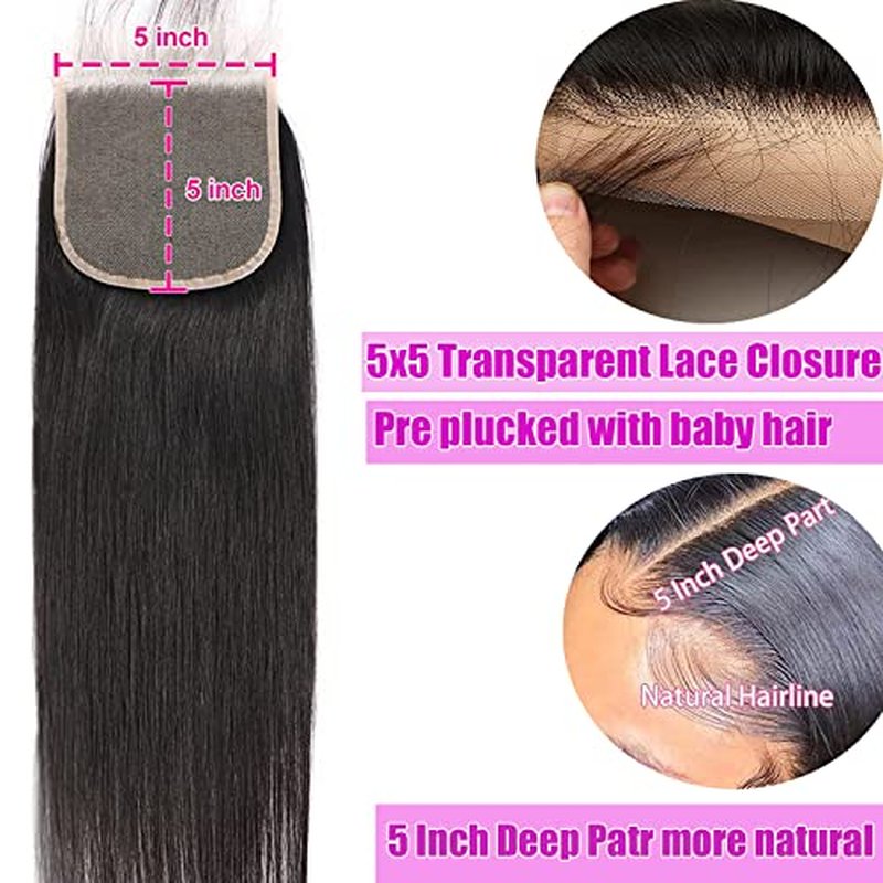 5x5 Closure Straight Human Hair 5x5 Hd Transparent Lace Closure 12A Virgin Human Hair Hd Lace Closure Pre Plucked With Baby Hair Natural Black Color(18inch)