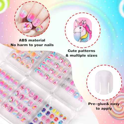 SIUSIO 6 Pack Press on Nails kids Children Acrylic Fake Nails Cute Pre-glue Full Cover Gradient Color Rainbow Short Stick On False Nail Art Kits Set for Kids Little Girls - Rainbow Dream