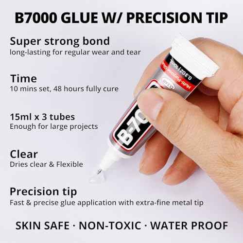 b7000 Glue with 7500Pcs Silver Clear Rhinestones for Crafts Clothes Clothing Fabric, Shiny Flatback Crystals Gems for Crafting Shoes Shirt, Flat Back Diamonds Set Badazzle kit Jewels 2-5mm 4 Sizes Mix