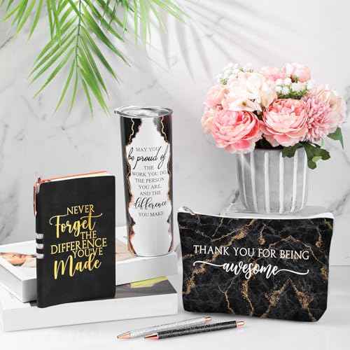 Domensi 6 Pcs Employee Appreciation Gift Set for Women Female Christmas Thank You Gift May You Be Proud 20 oz Rustic Marble Sign Tumbler Makeup Bag Journal for Teacher Nurse Lady Work Business(Black)